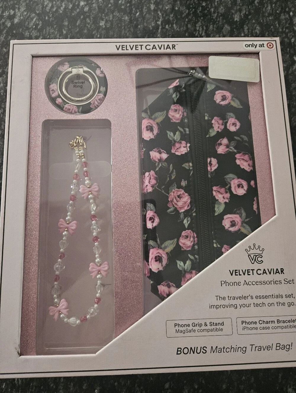Velvet Caviar Black Floral Phone Accessories Set with Pink Roses
